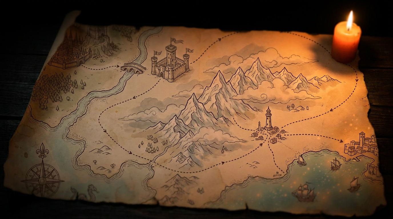 A hand-drawn fantasy map lit by a single candle