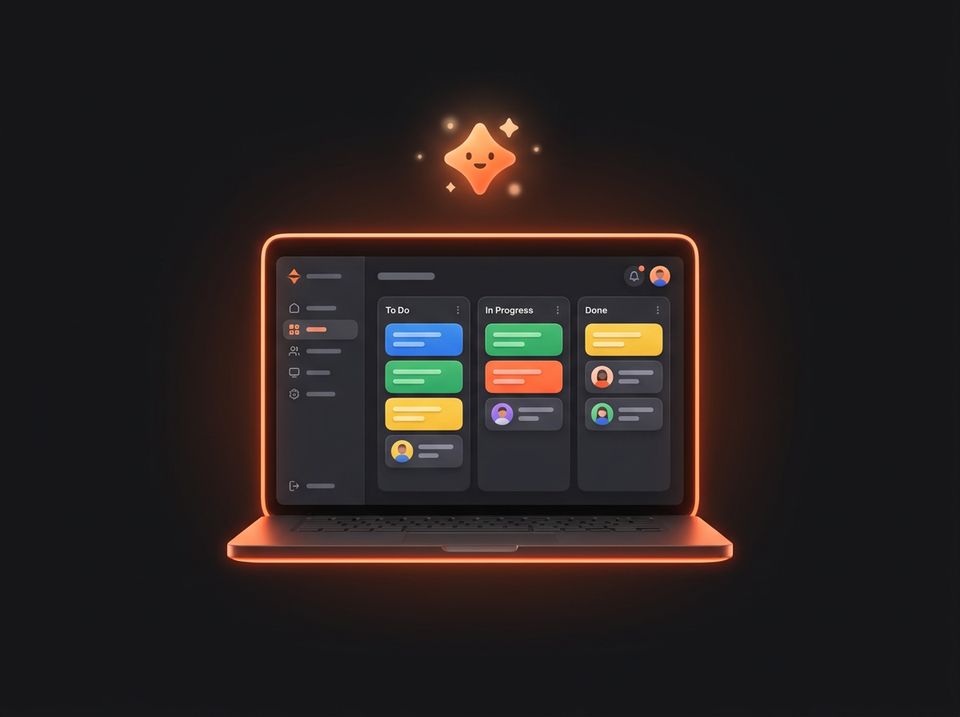 A laptop with a CRM and task board, and an AI sparkle