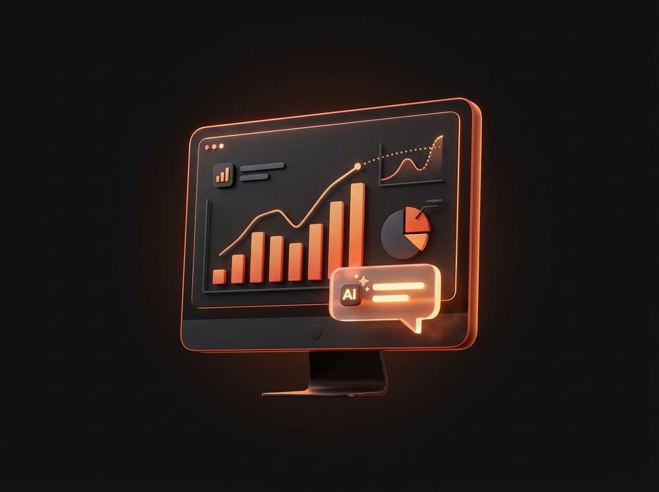 A monitor with charts, a forecast line and an AI chat bubble