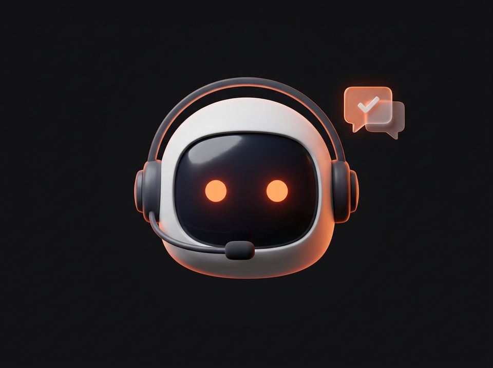 An AI robot head wearing a support headset